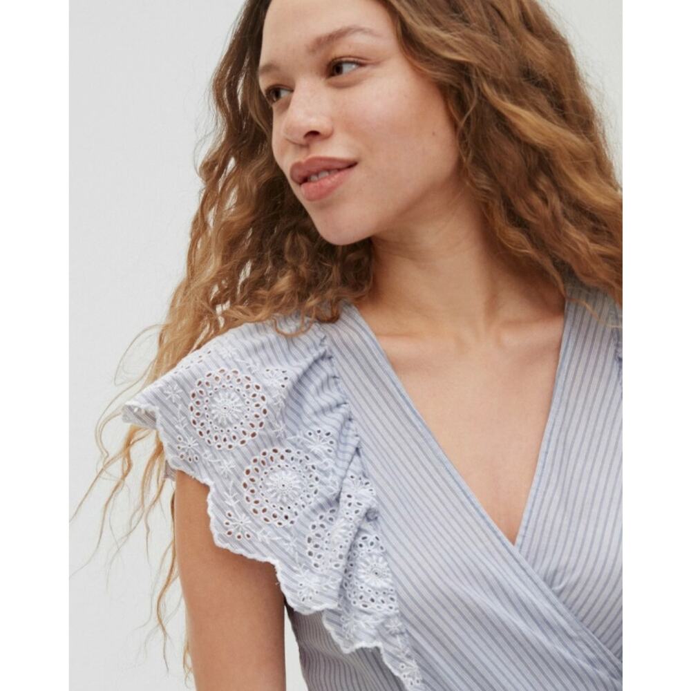 TALL Flutter Sleeve Midi Wrap Dress BY THE GAP Stripes w/ Eyelet Ruffle Sleeves